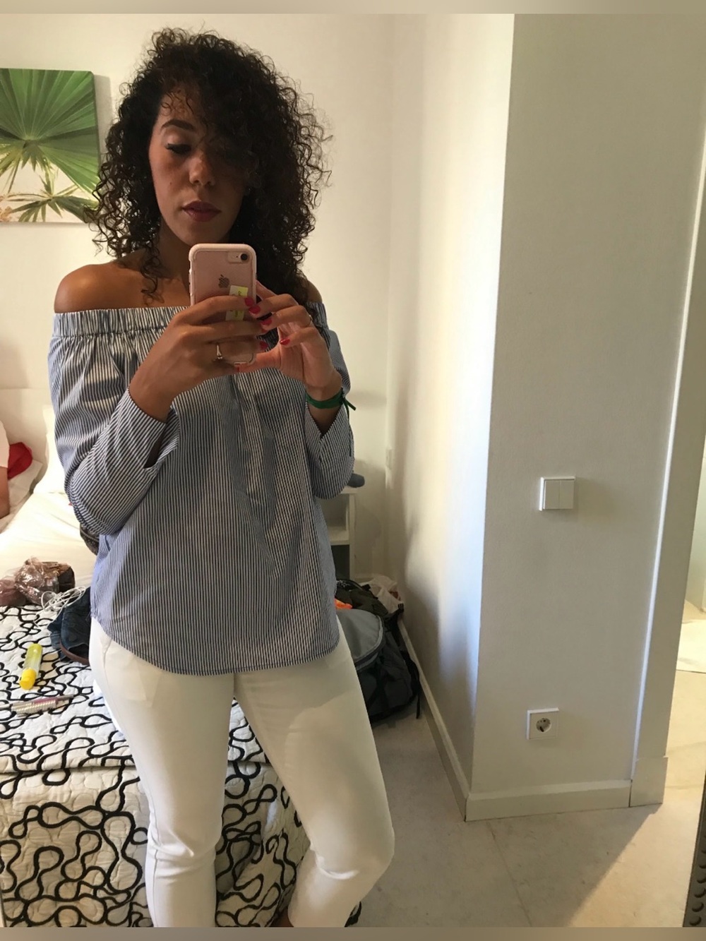 Philosophy Blue and White Striped Off-Shoulder Shirt - Picture 6 of 7
